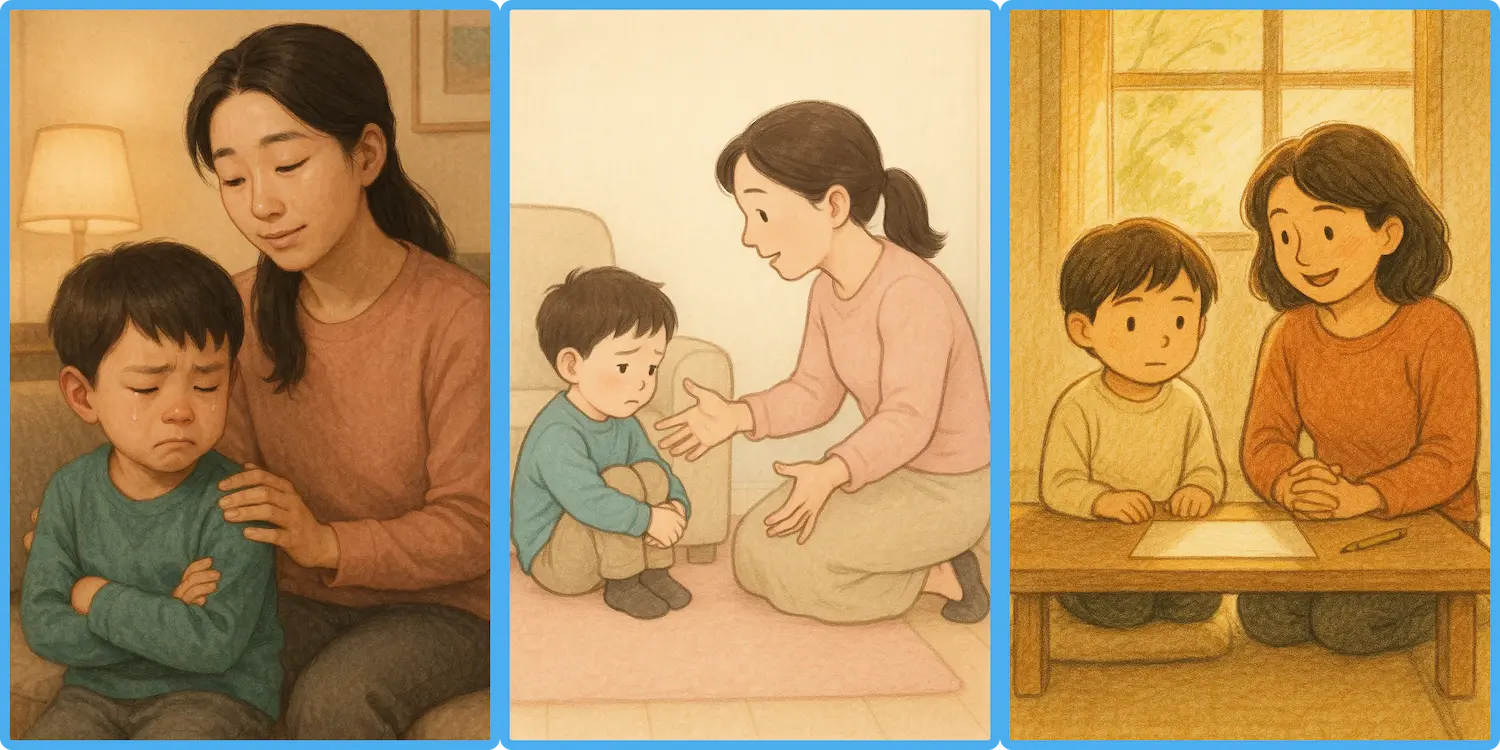 엄마가 아이를 다독여주고 위로해주고 같이 고민하려고 하는 따뜻한 일상 장면 일러스트 아이 영어 표현, 생활 속 영어 문장, 엄마표 영어, 아이와 영어, 영어 육아 팁