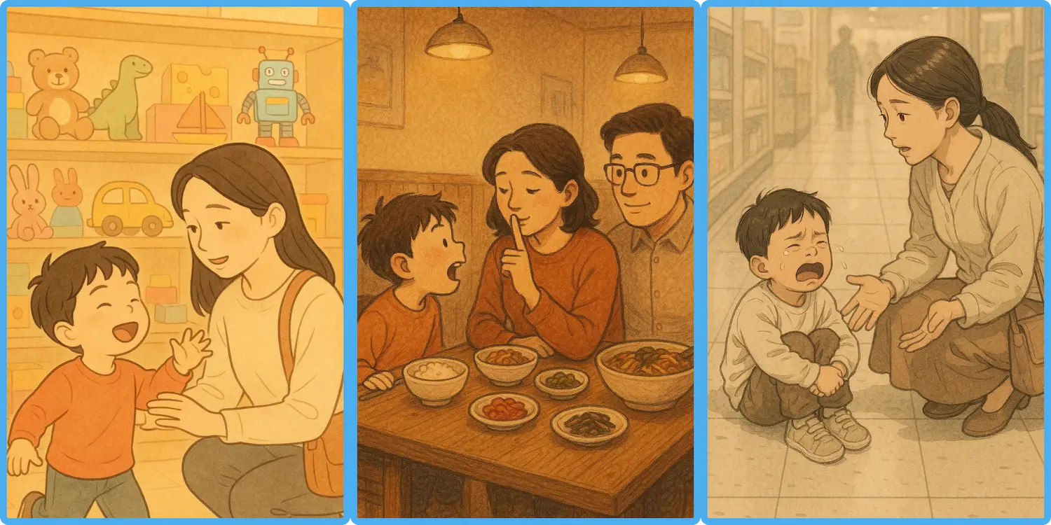 엄마가 공공장소에서 아이에게 타이르는 따뜻한 일상 장면 일러스트 아이 영어 표현, 생활 속 영어 문장, 엄마표 영어, 아이와 영어, 영어 육아 팁