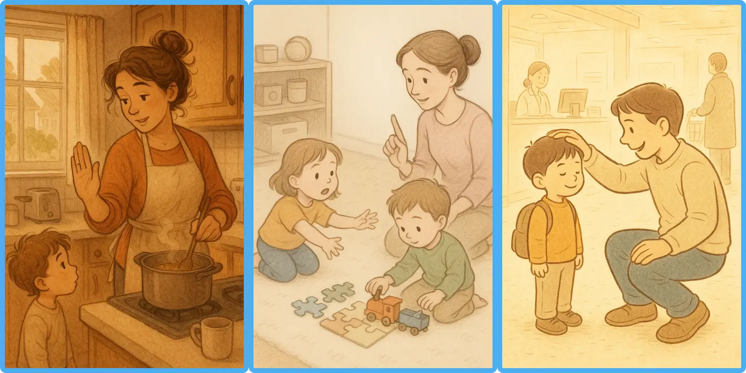 엄마가 아이에게 기다리게 하는 따뜻한 일상 장면 일러스트 아이 영어 표현, 생활 속 영어 문장, 엄마표 영어, 아이와 영어, 영어 육아 팁