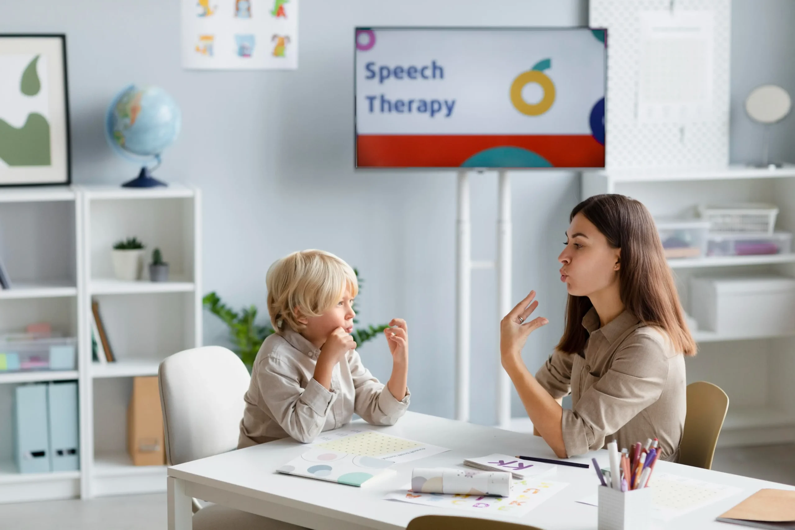 home-hero A speech tutor teaching a child through expressive mouth movements at a cozy learning desk, symbolizing language learning through conversation. 런앤톡