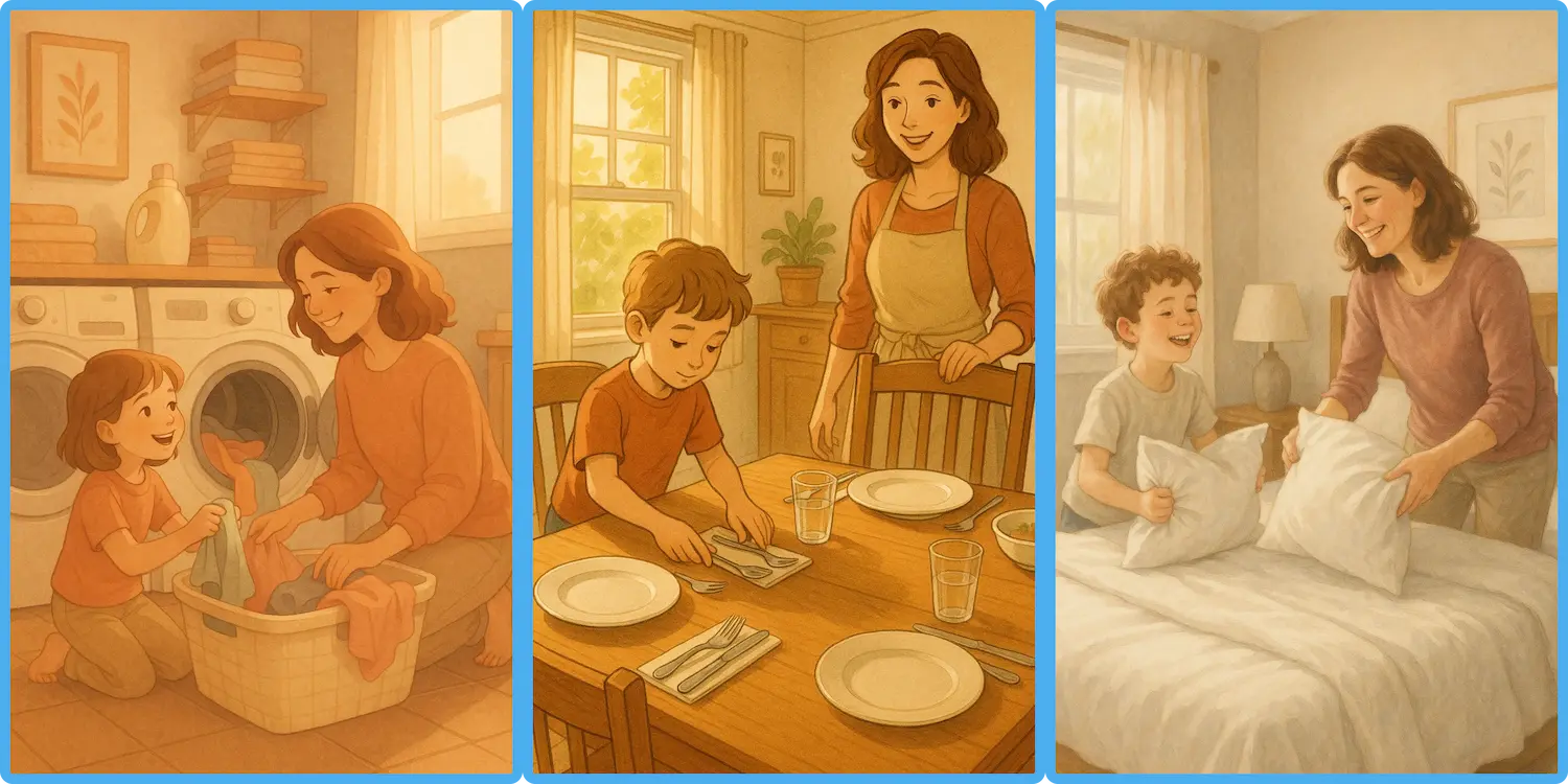 엄마가 아이에게 집안일을 도와달라고 부탁하는 따뜻한 일상 장면 일러스트 아이 영어 표현, 생활 속 영어 문장, 엄마표 영어, 아이와 영어, 영어 육아 팁